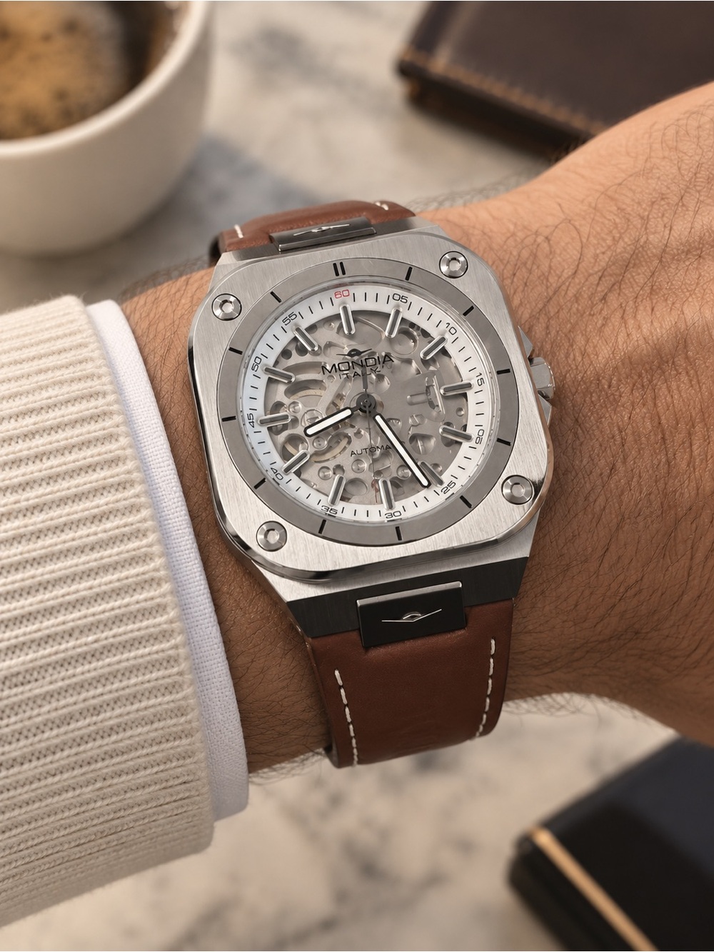 Men's Mondia Skeleton Dial Watch with Brown Leather Strap